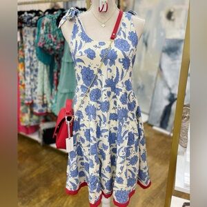 NWT THML Blue Floral Dress with Red Hem